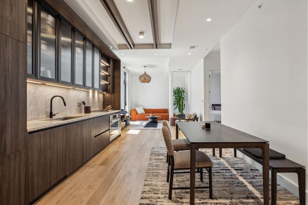 Dining room, Interior, Kitchen, Living room, Recessed Lighting, Wood Texture Flooring