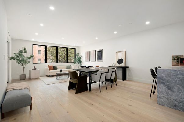 Dining room, Interior, Living room, Recessed Lighting, Wood Texture Flooring