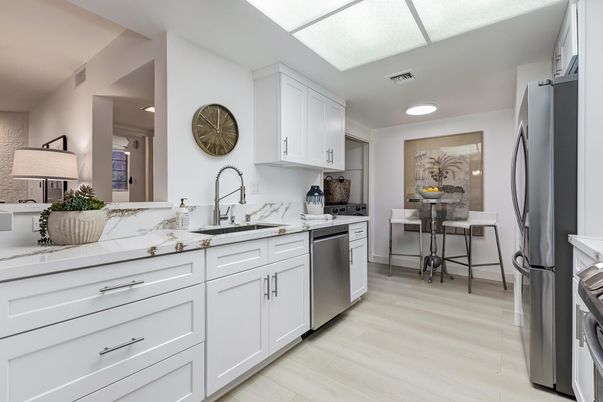 Interior, Kitchen, Recessed Lighting, Stainless Steel Appliances, Wood Texture Flooring