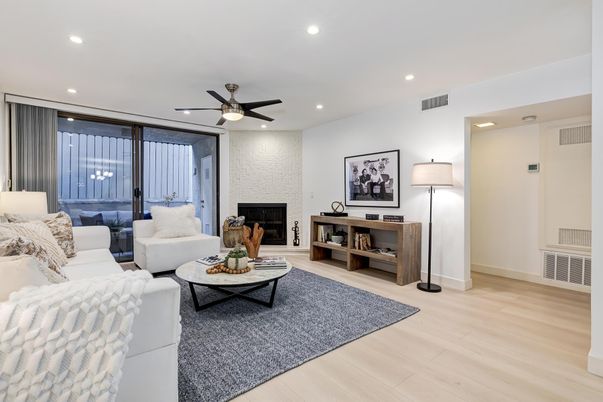 Fireplace, Interior, Living room, Recessed Lighting, Wood Texture Flooring