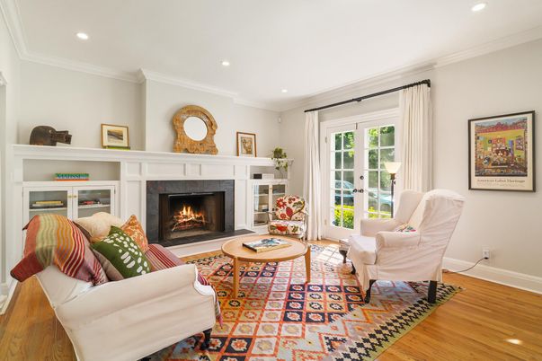 Fireplace, Interior, Living room, Recessed Lighting, Wood Texture Flooring