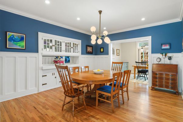 Dining room, Interior, Pendant Lights, Recessed Lighting, Wood Texture Flooring