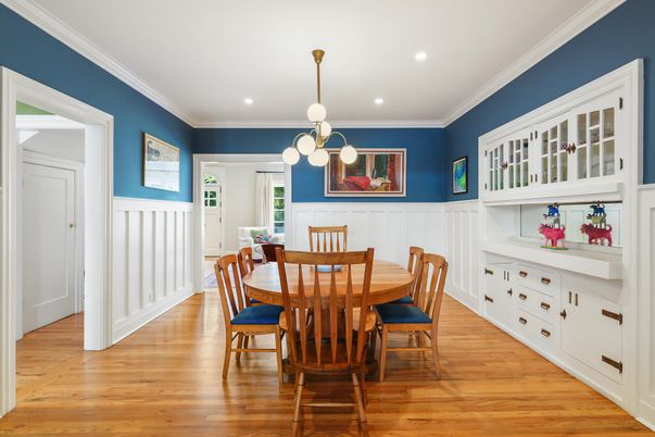 Dining room, Interior, Pendant Lights, Recessed Lighting, Wood Texture Flooring