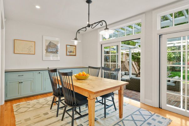 Dining room, Interior, Pendant Lights, Recessed Lighting, Wood Texture Flooring