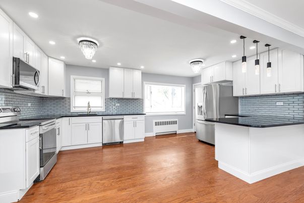 Interior, Kitchen, Pendant Lights, Recessed Lighting, Stainless Steel Appliances, Wood Texture Flooring