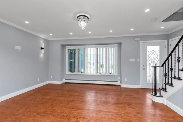 Chandelier, Empty room, Interior, Recessed Lighting, Wood Texture Flooring