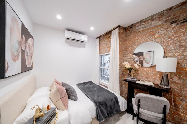 Bedroom, Home Office, Interior, Recessed Lighting, Stone Walls
