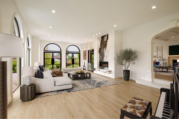 Fireplace, Interior, Living room, Piano, Recessed Lighting, Wood Texture Flooring