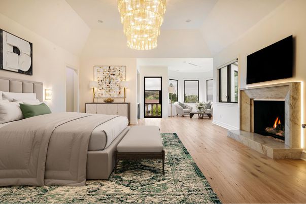 Bedroom, Chandelier, Fireplace, Interior, Wood Texture Flooring