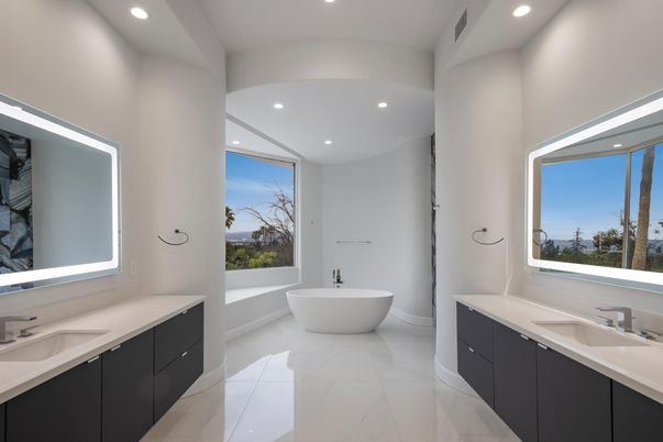 Bathroom, Dual Sink Vanities, Free Standing Baths, Interior, Marble, Recessed Lighting