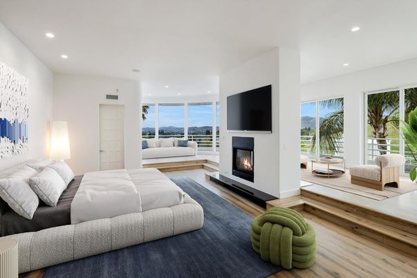 Bedroom, Fireplace, Interior, Recessed Lighting, Wood Texture Flooring