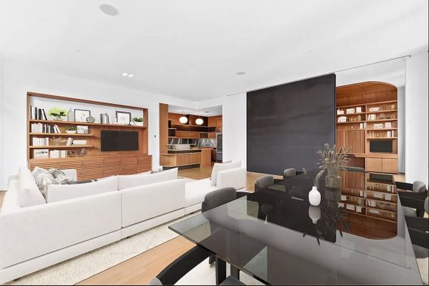 Dining room, Interior, Kitchen, Living room, Recessed Lighting, Stainless Steel Appliances, Wood Texture Flooring