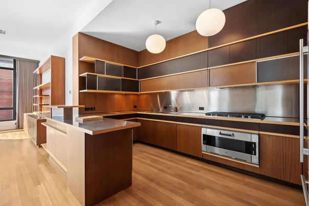 Interior, Kitchen, Pendant Lights, Stainless Steel Appliances, Wood Texture Flooring