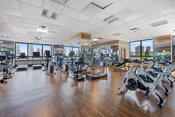 Fitness Equipment, Gym, Interior, Recessed Lighting, Wood Texture Flooring