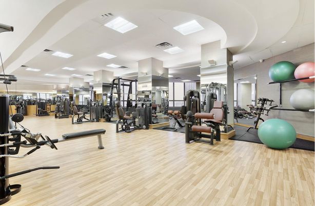 Fitness Equipment, Gym, Interior, Recessed Lighting, Wood Texture Flooring