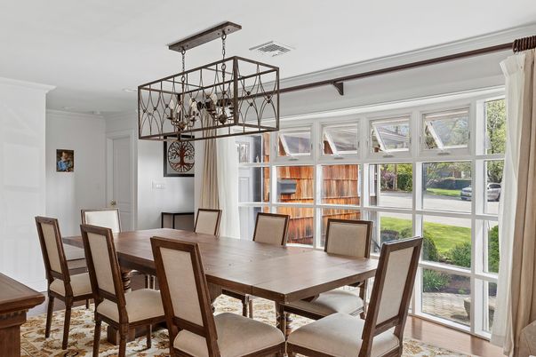 Dining room, Interior, Pendant Lights, Wood Texture Flooring