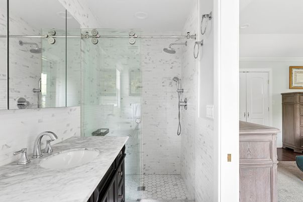 Bathroom, Glass Shower, Interior, Marble Walls, Recessed Lighting