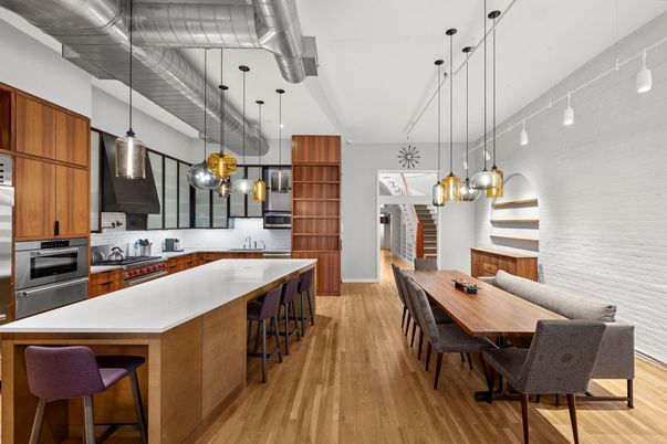 Dining room, Interior, Kitchen, Pendant Lights, Stainless Steel Appliances, Wood Texture Flooring