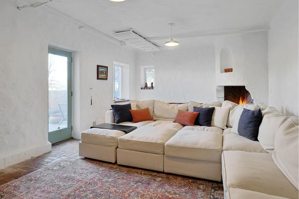 Fireplace, Interior, Living room, Pendant Lights, Wood Texture Flooring