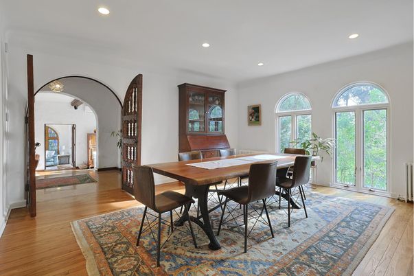 Dining room, Interior, Recessed Lighting, Wood Texture Flooring