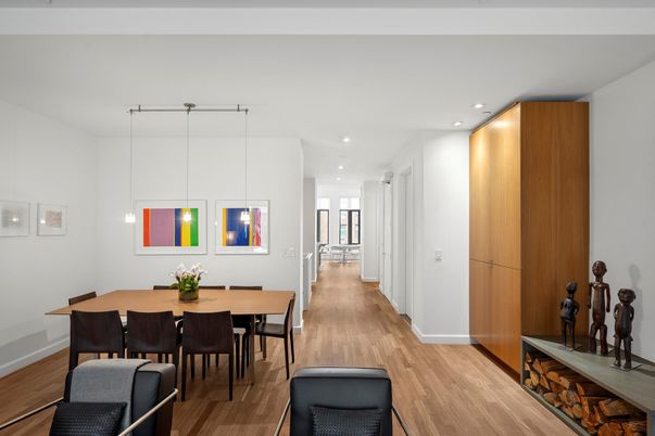 Dining room, Interior, Pendant Lights, Recessed Lighting, Wood Texture Flooring