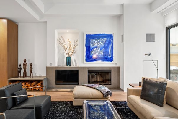 Fireplace, Interior, Living room, Recessed Lighting, Wood Texture Flooring
