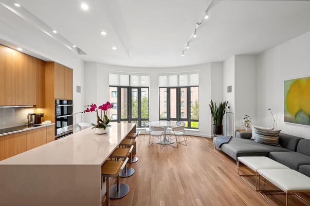 Dining room, Interior, Kitchen, Living room, Recessed Lighting, Stainless Steel Appliances, Wood Texture Flooring