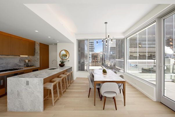 Dining room, Interior, Kitchen, Pendant Lights, Recessed Lighting, Wood Texture Flooring