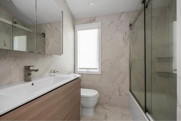 Bathroom, Glass Shower, Interior, Marble, Marble Walls, Recessed Lighting