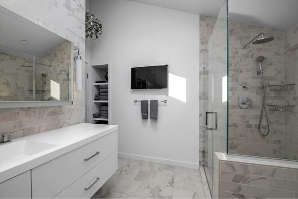 Bathroom, Dual Sink Vanities, Glass Shower, Interior, Marble, Marble Walls
