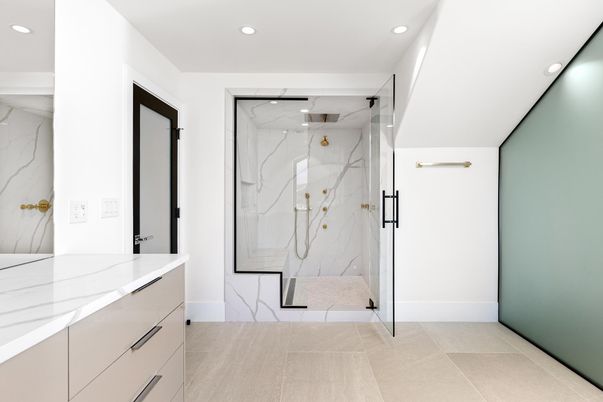Bathroom, Glass Shower, Interior, Marble Walls, Recessed Lighting