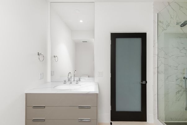 Bathroom, Glass Shower, Interior, Marble Walls, Recessed Lighting