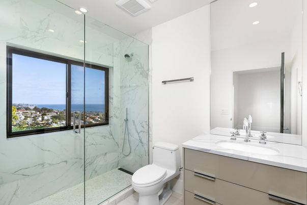 Bathroom, Glass Shower, Interior, Marble Walls, Recessed Lighting, Water