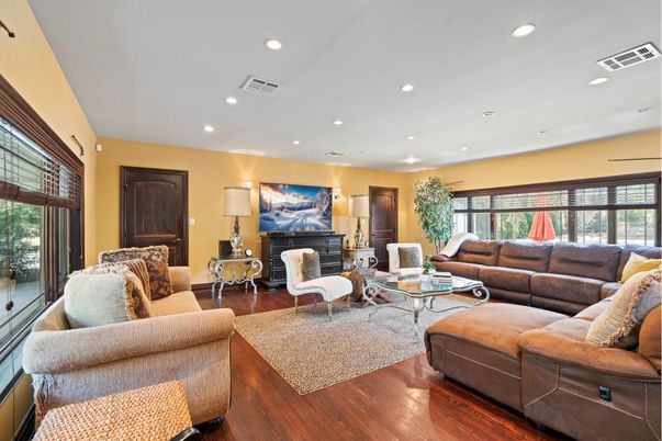 Fireplace, Interior, Living room, Recessed Lighting, Wood Texture Flooring