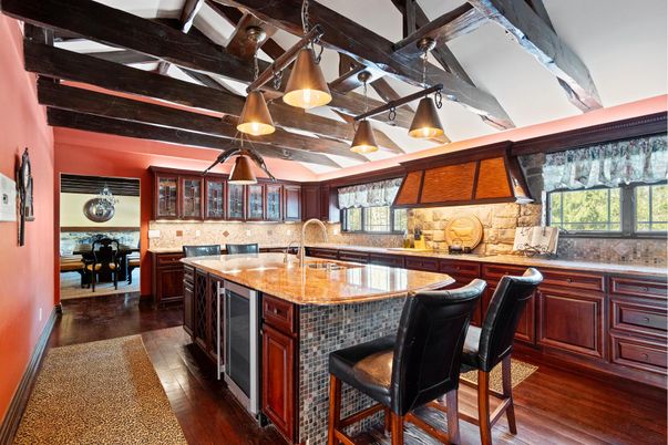 Interior, Kitchen, Pendant Lights, Wooden Beams, Wood Texture Flooring