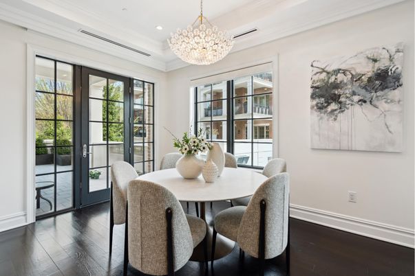 Chandelier, Dining room, Interior, Recessed Lighting, Wood Texture Flooring