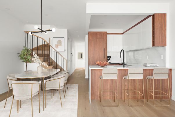 Dining room, Interior, Kitchen, Pendant Lights, Wood Texture Flooring