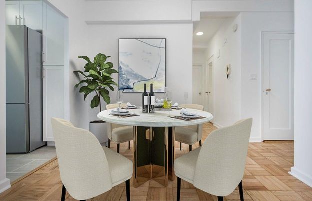 Dining room, Interior, Recessed Lighting, Wood Texture Flooring