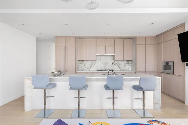 Interior, Kitchen, Marble Walls, Recessed Lighting, Wood Texture Flooring