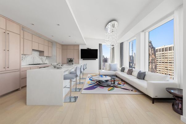 Chandelier, Interior, Kitchen, Living room, Marble Walls, Recessed Lighting, Wood Texture Flooring