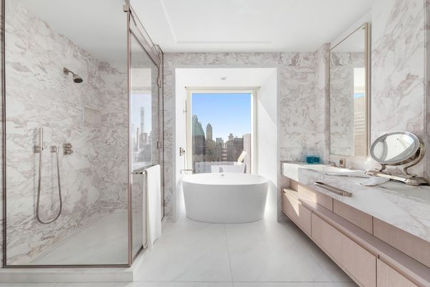 Bathroom, Dual Sink Vanities, Free Standing Baths, Glass Shower, Interior, Marble, Marble Walls