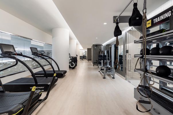 Fitness Equipment, Gym, Interior, Recessed Lighting, Wood Texture Flooring