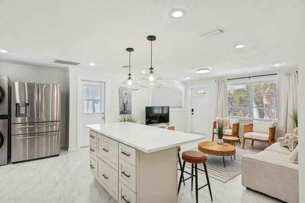 Interior, Kitchen, Living room, Marble, Pendant Lights, Recessed Lighting, Stainless Steel Appliances