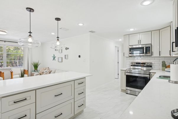 Interior, Kitchen, Marble, Pendant Lights, Recessed Lighting, Stainless Steel Appliances