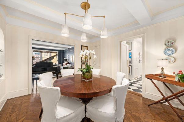 Dining room, Interior, Pendant Lights, Piano, Wood Texture Flooring