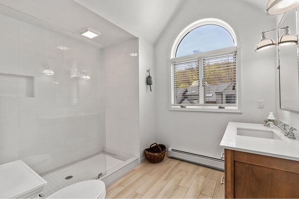 Bathroom, Glass Shower, Interior, Wood Texture Flooring