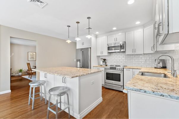 Interior, Kitchen, Pendant Lights, Recessed Lighting, Stainless Steel Appliances, Wood Texture Flooring