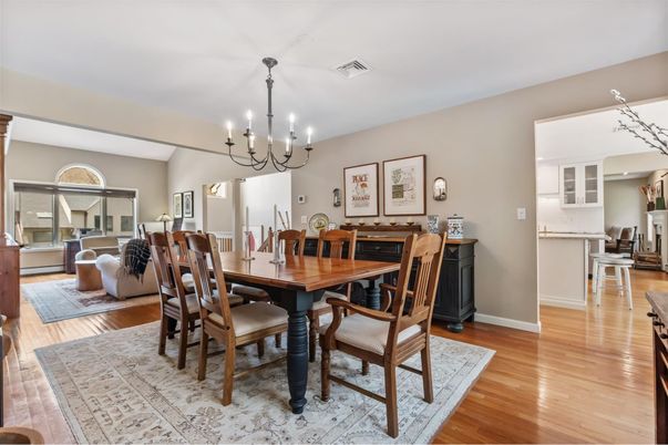 Chandelier, Dining room, Fireplace, Interior, Living room, Wood Texture Flooring