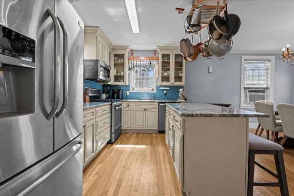Chandelier, Interior, Kitchen, Stainless Steel Appliances, Wood Texture Flooring