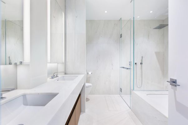 Bathroom, Dual Sink Vanities, Glass Shower, Interior, Marble Walls, Recessed Lighting